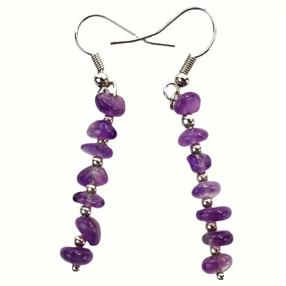 Natural Raw Purple Amethyst Stone Earrings Tassel Gemstone Crystal Dangle Drop - Picture 1 of 3